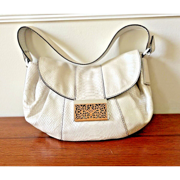 Calvin klein Basketweave Boho Bag Handbag Faux Snake Skin Ivory Beige Iridescent - Picture 1 of 9